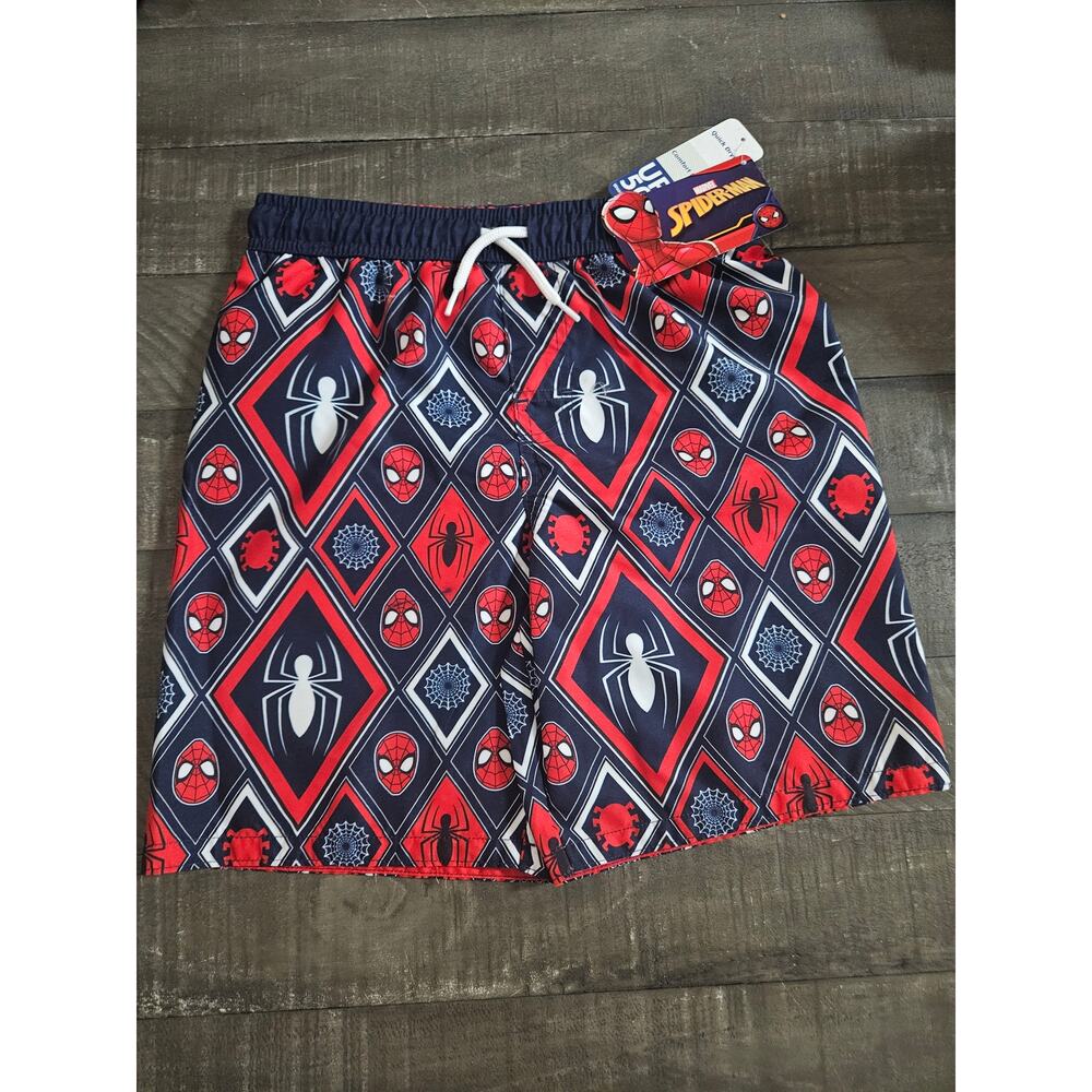 Marvel Boy Spiderman Swim Trunks Suit Blue Red Quick Dry Lined NWT UV Protection
